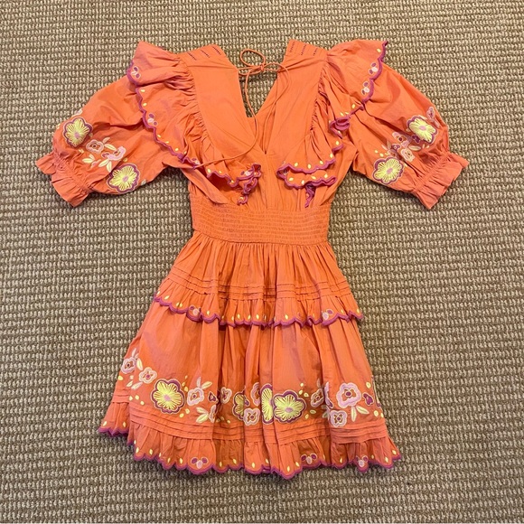 Alivia Perla Coral Smocked Waist Embroidered Floral Dress Medium - Picture 9 of 9